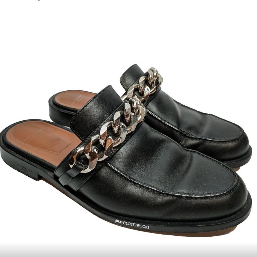 Givenchy Black Leather Slides Loafers with Silver Chain